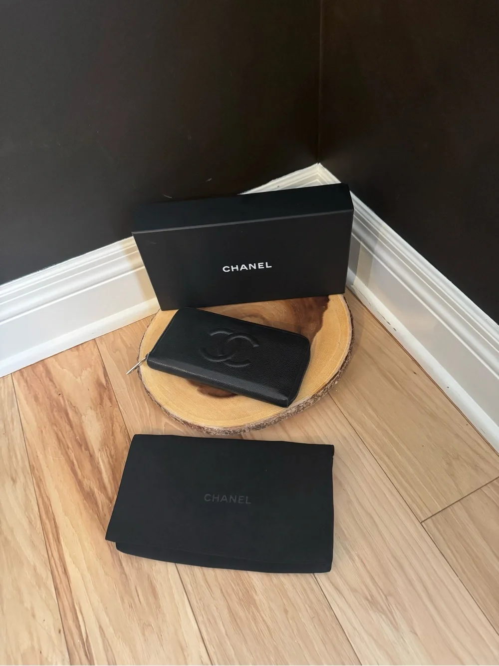 CHANEL Black Caviar Leather Zip-Around Wallet with Logo with Dustbag, box & COA